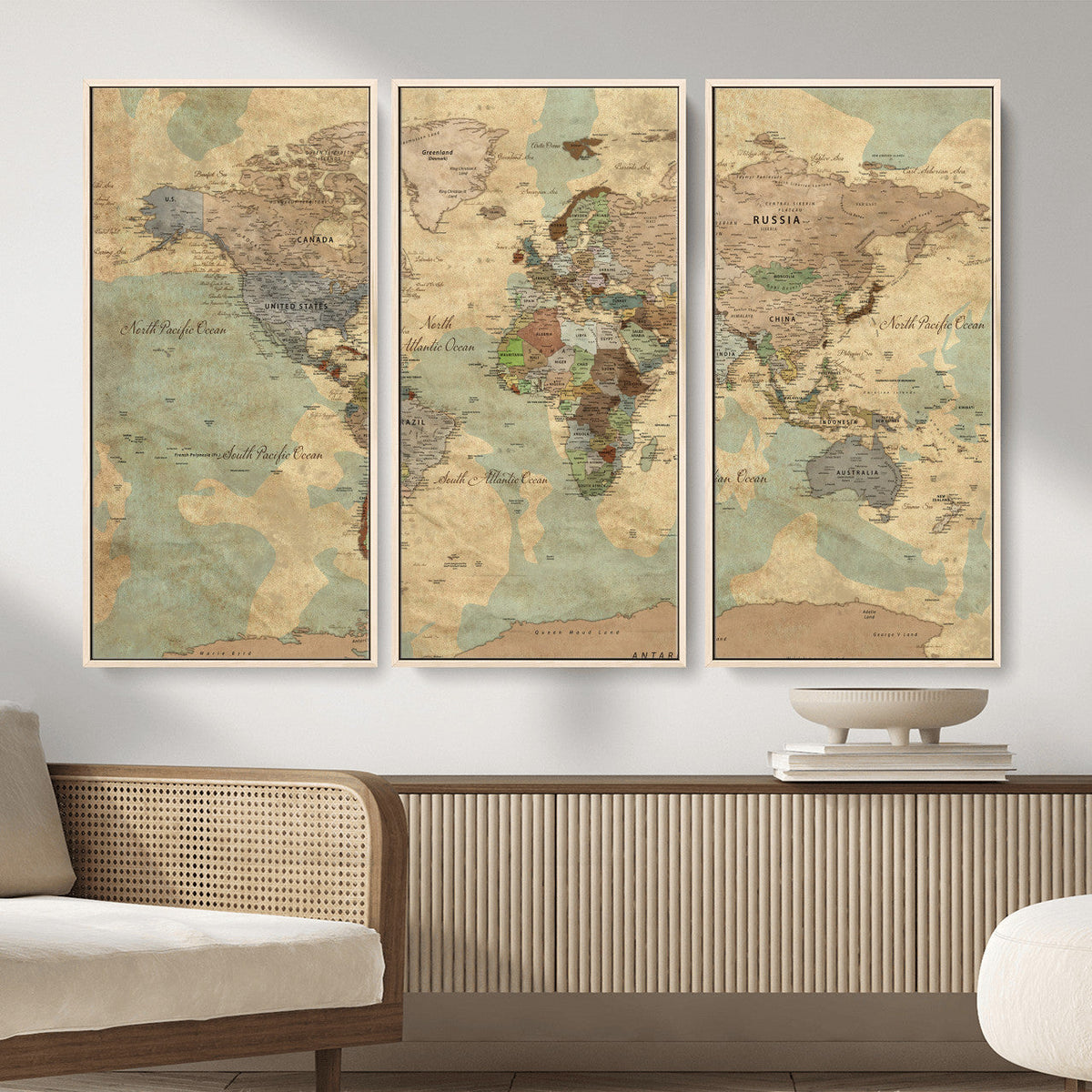 Vintage World Map Wall Art | Ready to Hang and Framed