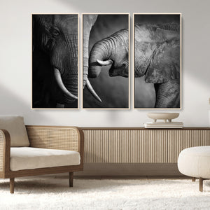 Elephant Family Wall Art Canvas, Framed Elephant Family
