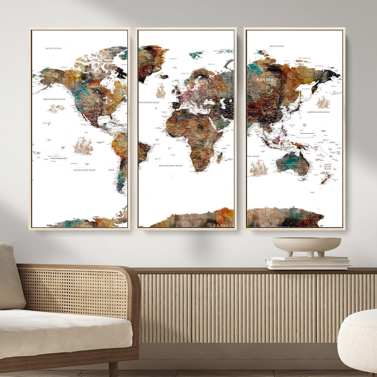 Watercolor World Map Canvas Print – Detailed Map of the