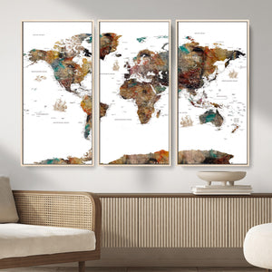 Watercolor World Map Canvas Print – Detailed Map of the