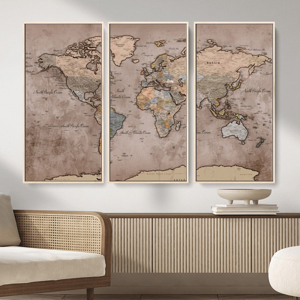 Grunge World Map Canvas Wall Art - Vintage Aged World Map