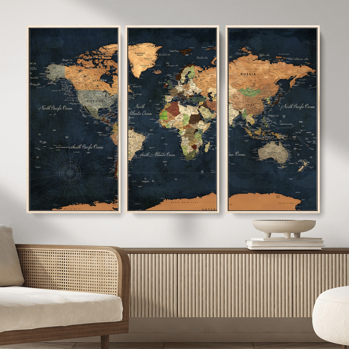 Vintage World Map Canvas Wall Art – Detailed Map with