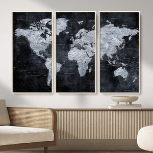 Black World Map Canvas Print – Detailed Map for Couples and