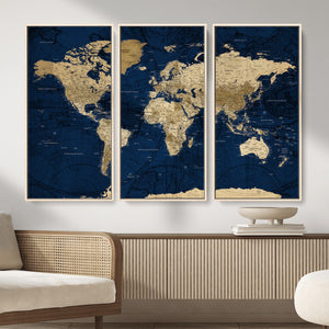 Navy Blue World Map Canvas Print – Detailed Map Minimal Navy