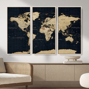 Dark World Map Canvas Wall Art Print, Minimal Black and Gold