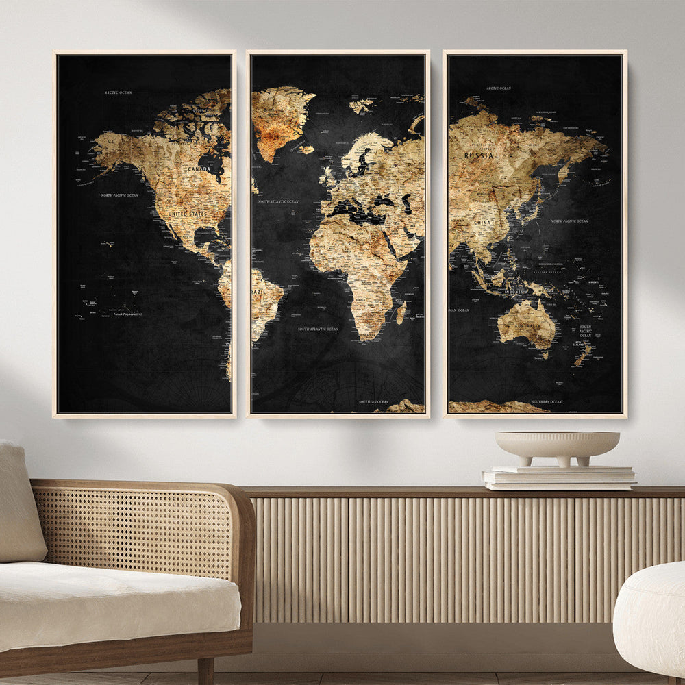 World Map Canvas Wall Art with Famous Landmarks – Framed