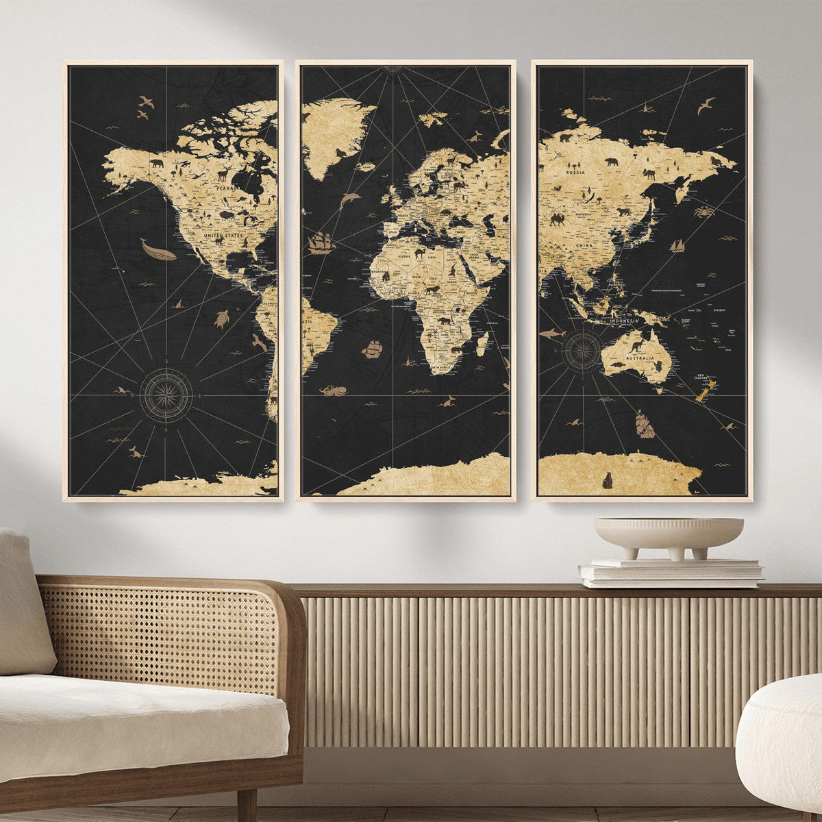 Vintage Blue and Brown World Map Canvas Wall Art – Framed