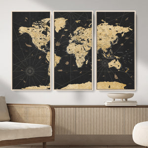 Vintage Blue and Brown World Map Canvas Wall Art – Framed