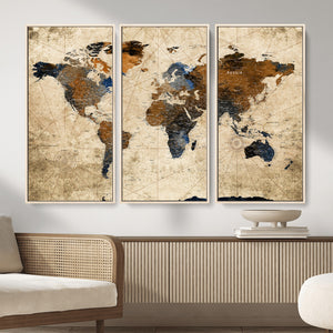 World Map Wall Art – Rustic Earth Tone Canvas Print, Antique