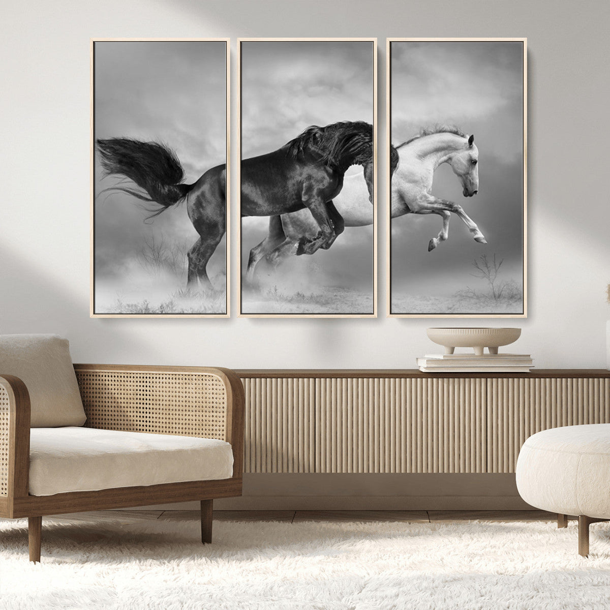 Wild Horses Wall Art Canvas Print – Framed Black and White