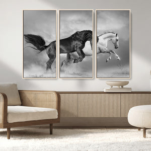 Wild Horses Wall Art Canvas Print – Framed Black and White