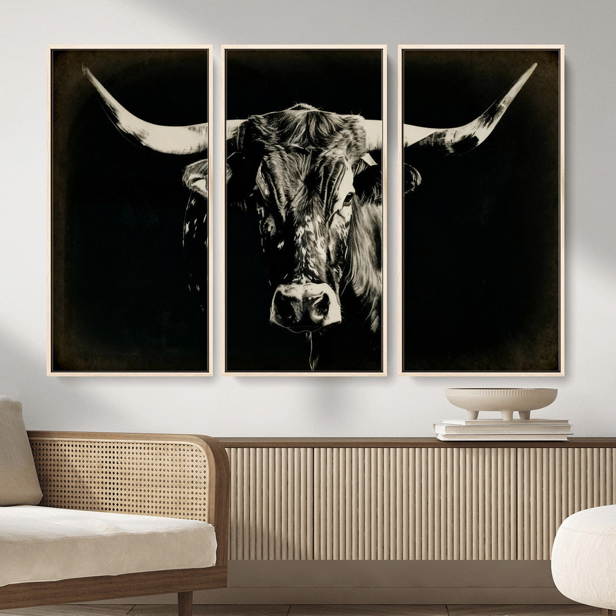 Black Bull Wall Art Canvas Print, Texas Longhorn Portrait