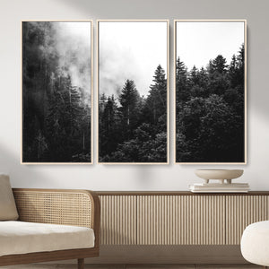 Black White Forest Wall Art Canvas Print, Misty Pine Tree