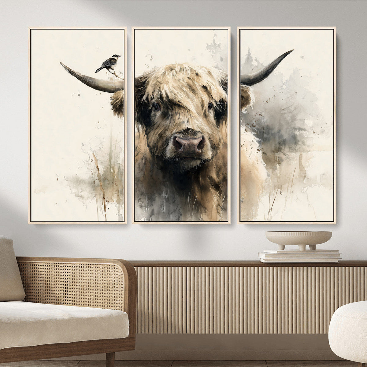 Abstract Highland Cow Wall Art Canvas Print, Rustic Farm