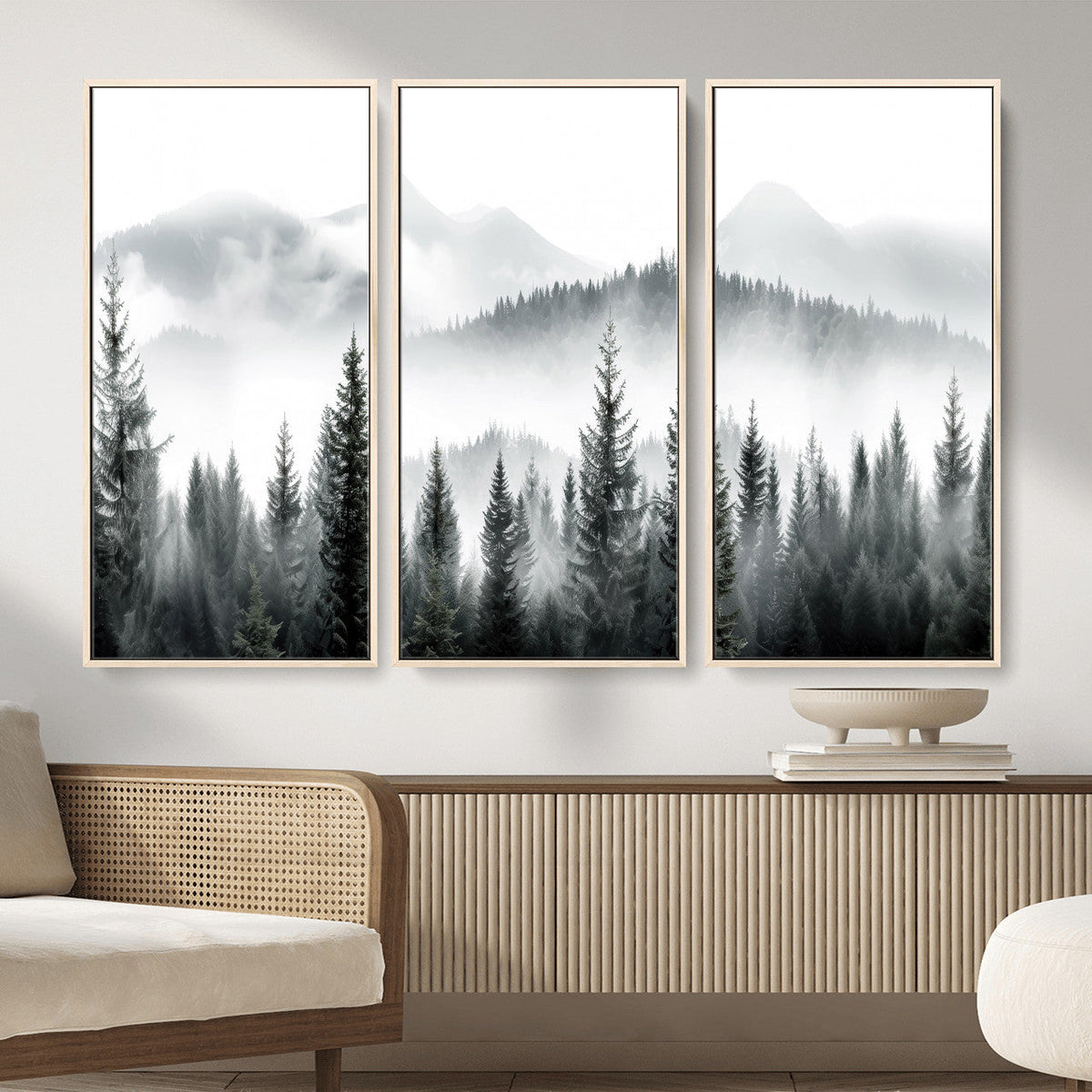 Misty Pine Forest Mountain Landscape Wall Art Canvas Print