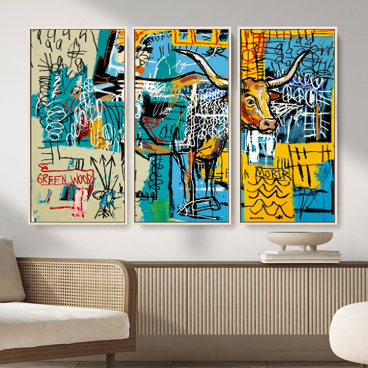 Basquiat Style Bird Bull Graffiti Wall Art Canvas Print,