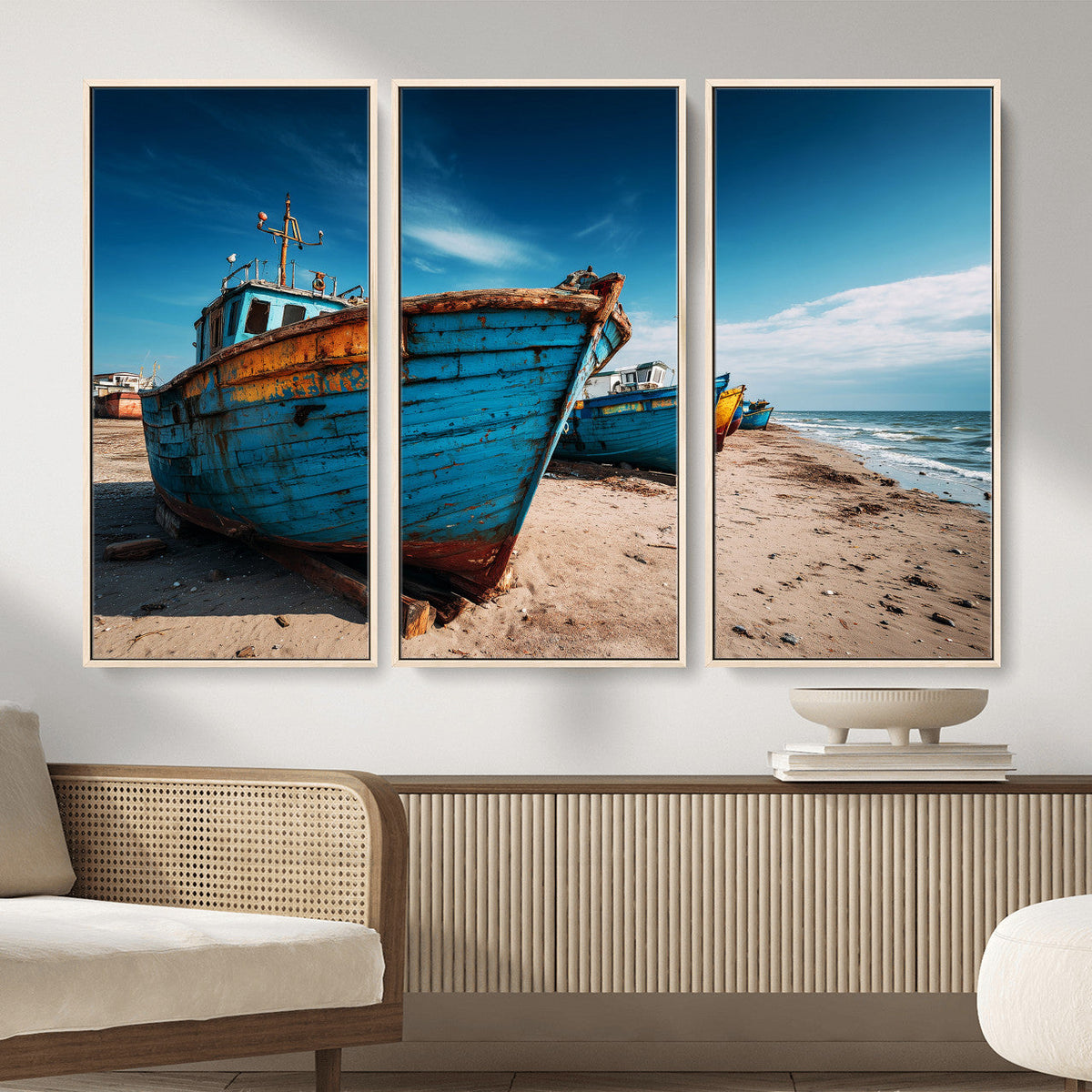 Coastal Fishing Boats Wall Art Canvas Print, Sunset Beach