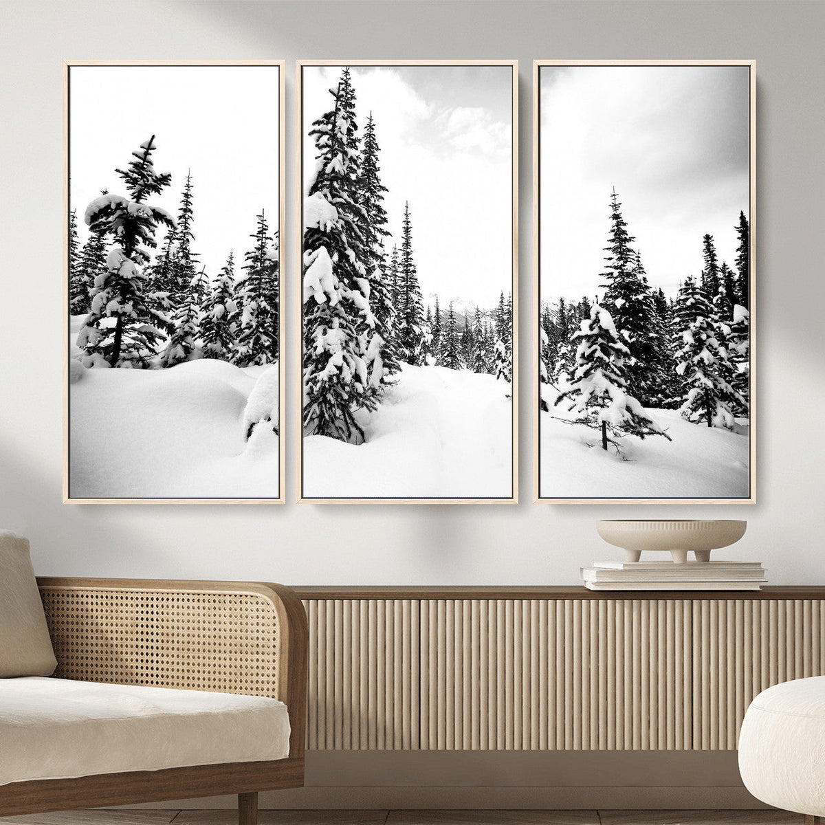 Black and White Snowy Pine Forest Wall Art Canvas Print,