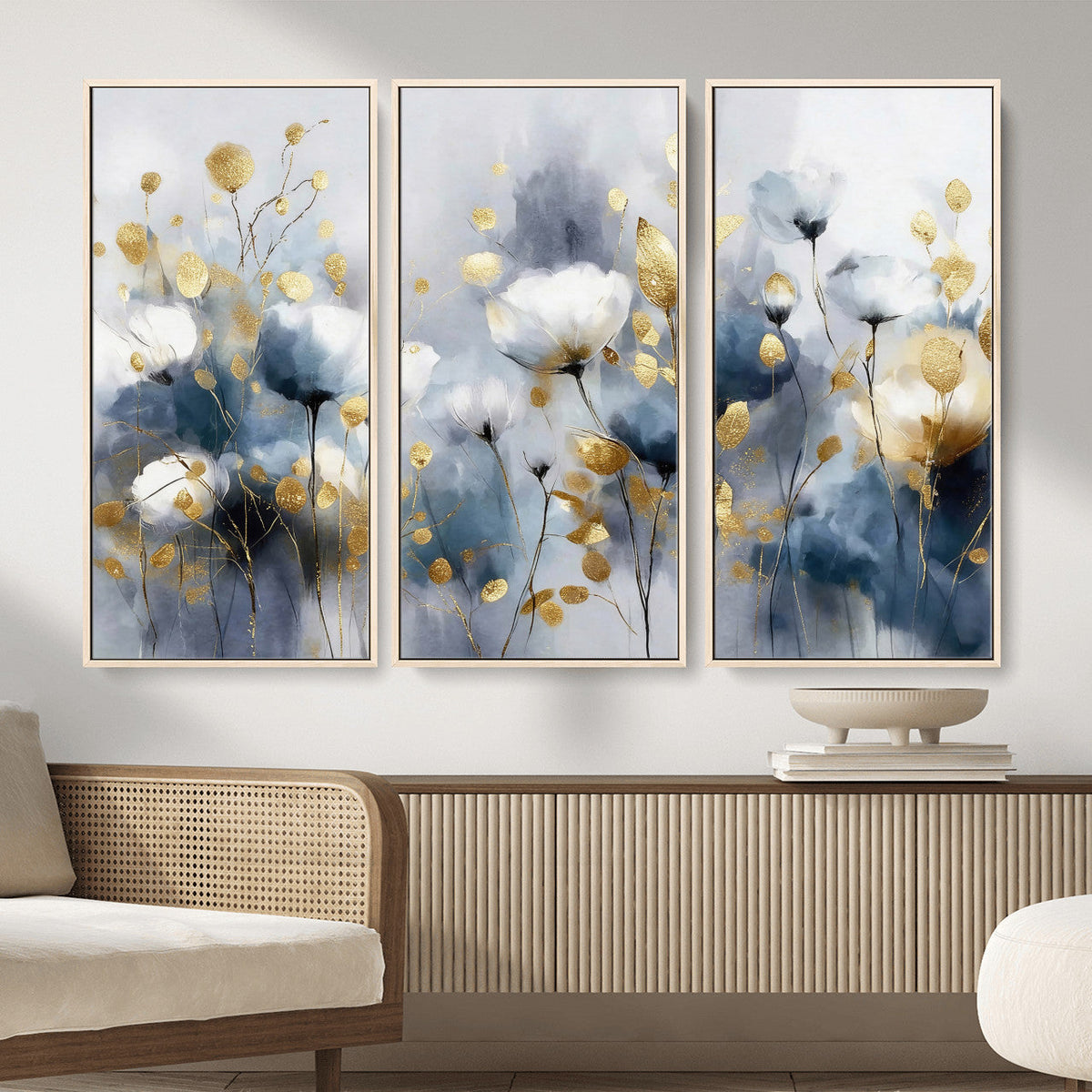 Large Abstract Flowers Wall Art Canvas Print – Gold and Blue