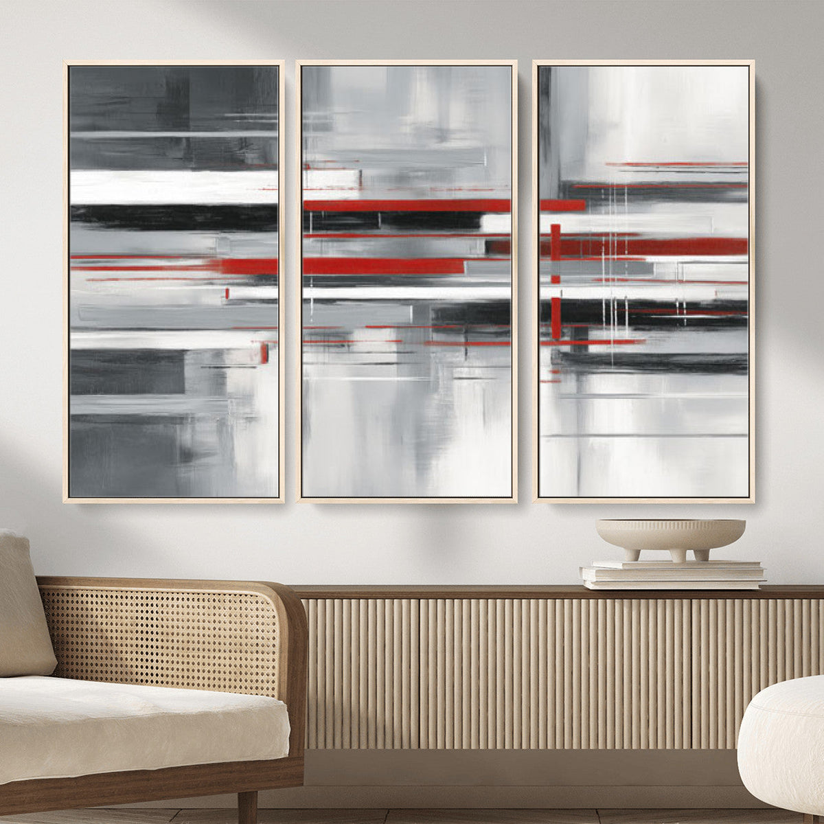 Gray Red Abstract Wall Art Canvas Print, Modern Abstract