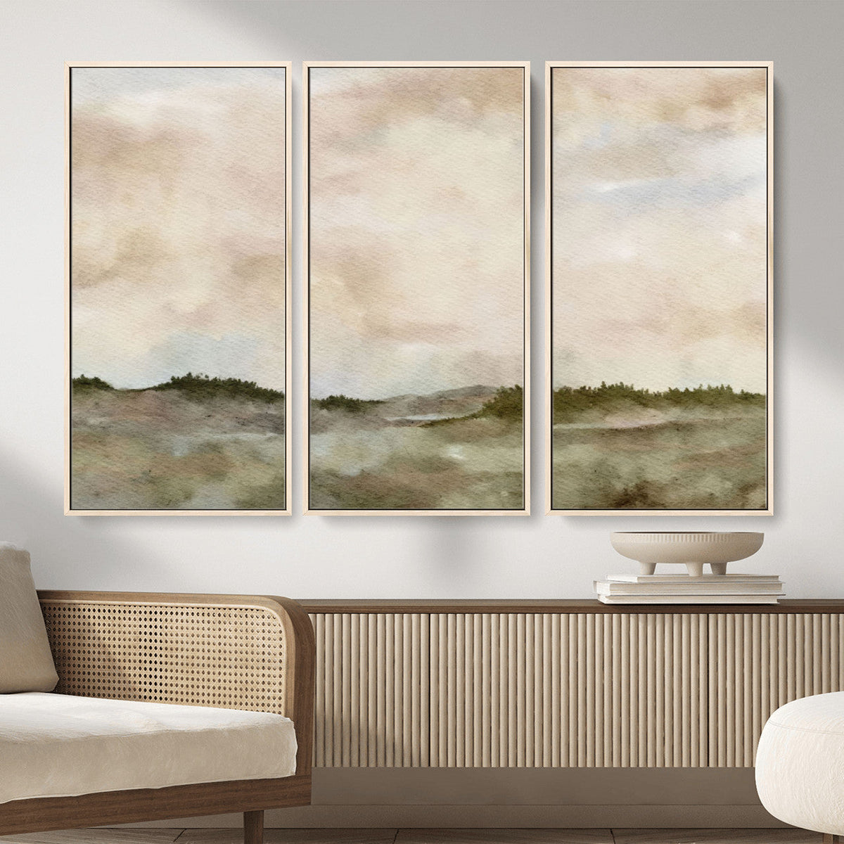 Muted Watercolor Hill Landscape Print — Beige Taupe Cloudy