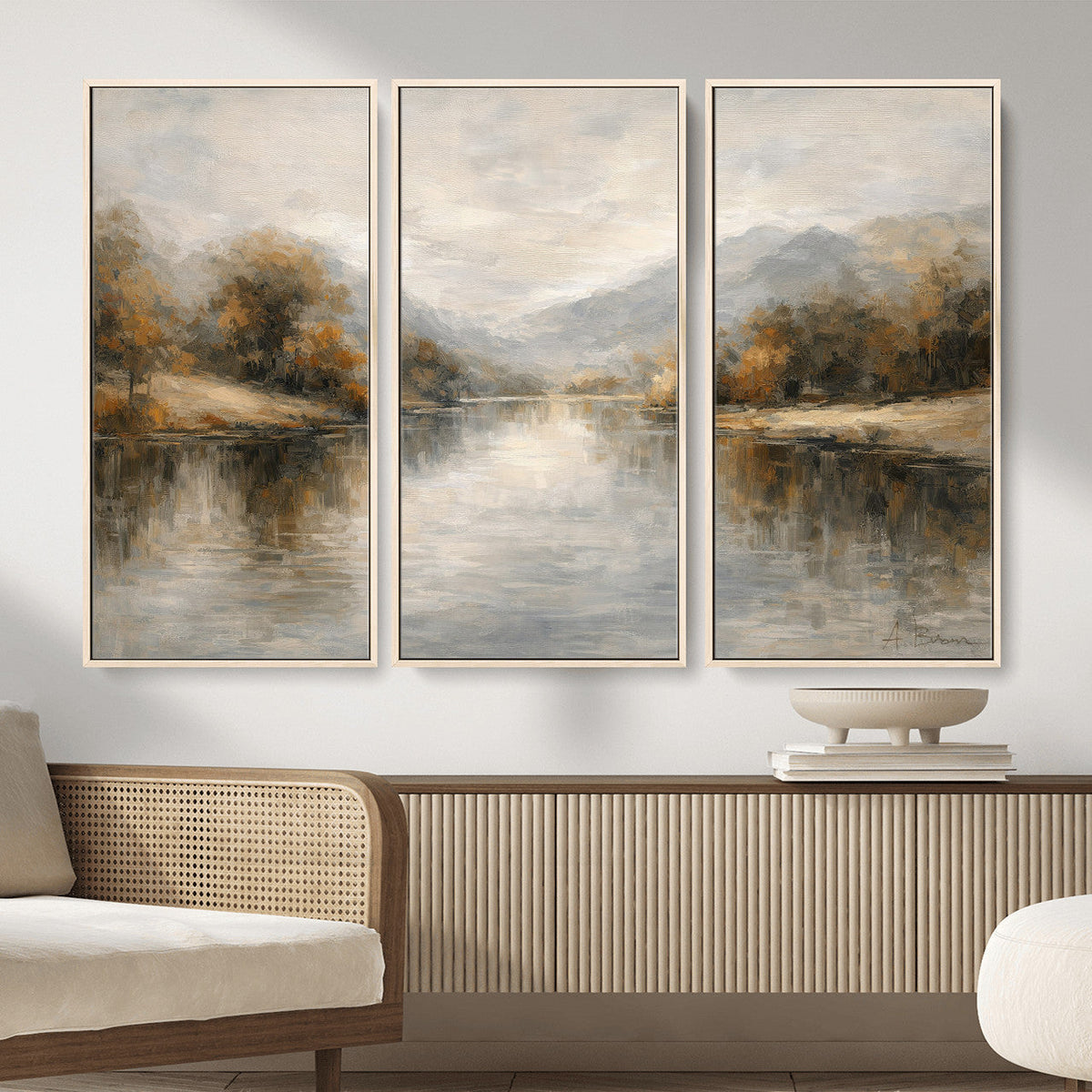 Neutral Abstract River Landscape Wall Art Canvas Print