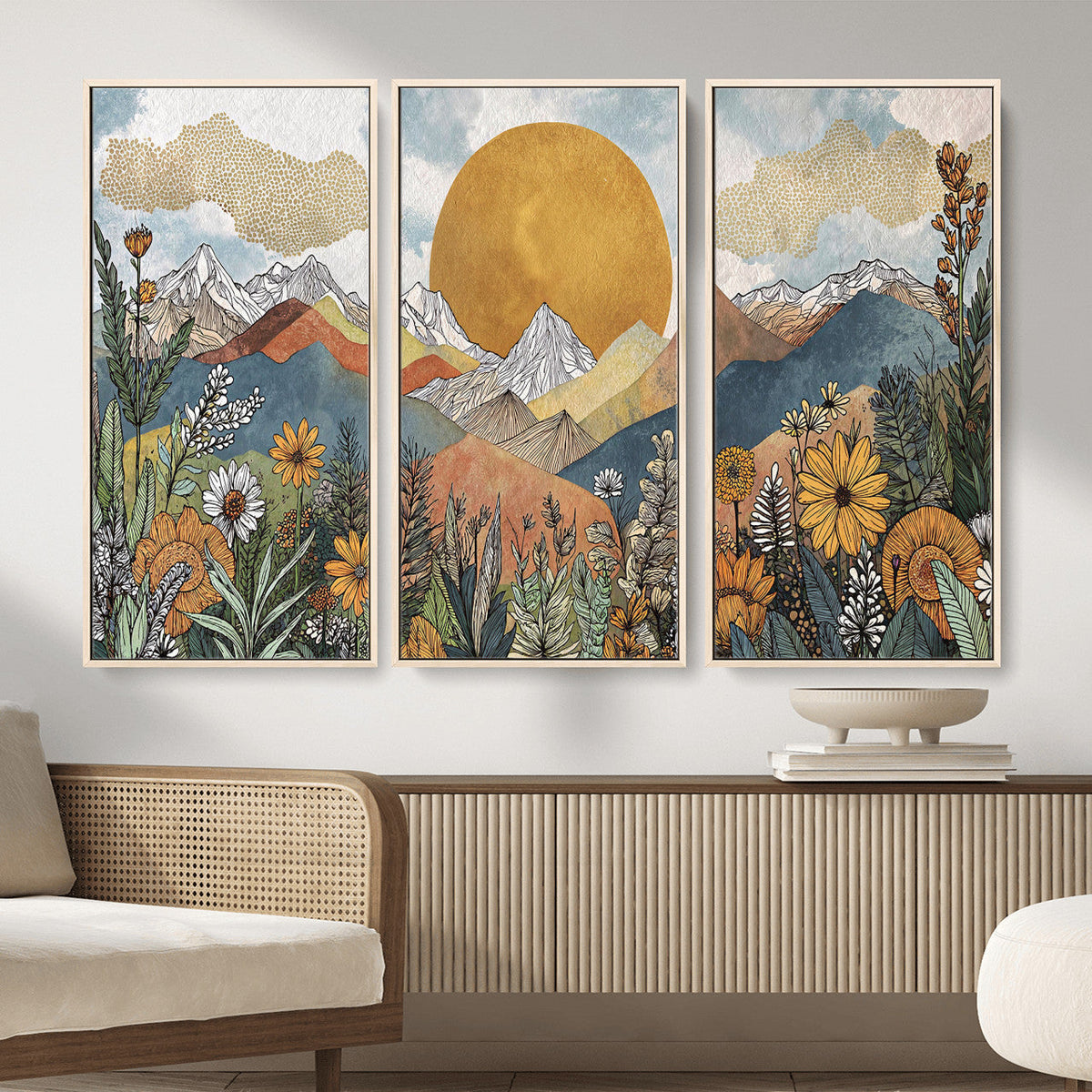 Boho Mountain Landscape Large Wall Art, Horizontal Gold