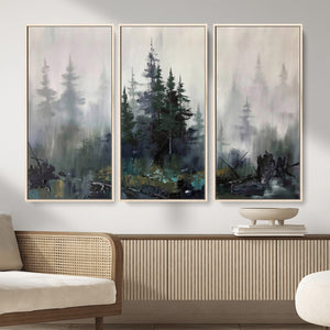 Misty Pine Forest Oil Painting Canvas — Dark Moody Teal Grey