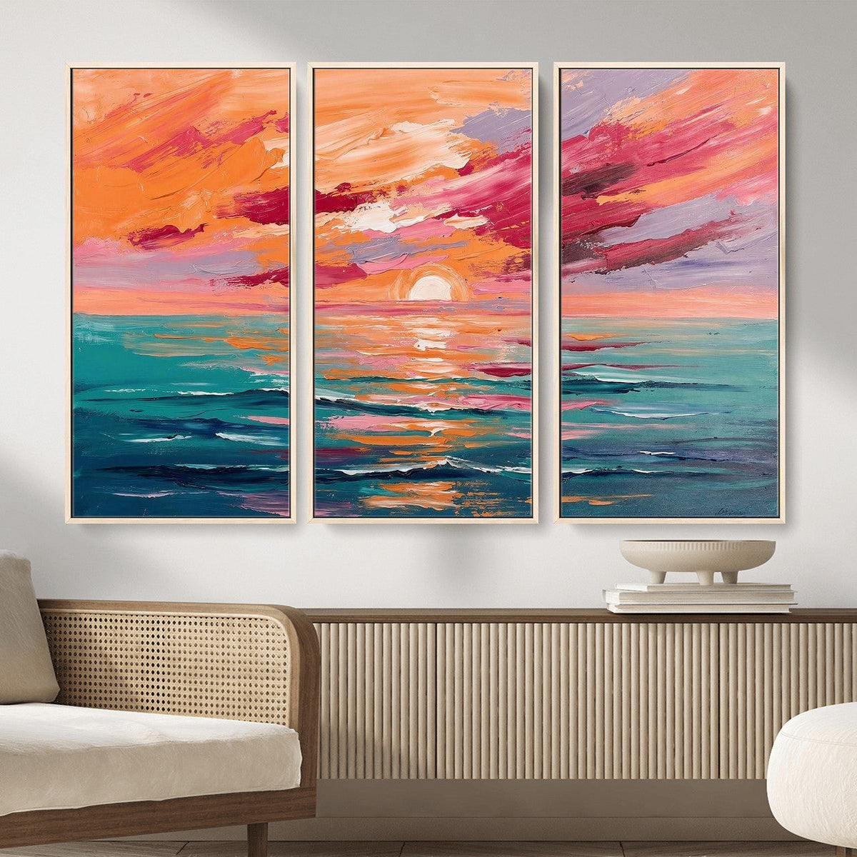 Bold Palette Knife Ocean Sunset Canvas — Orange Pink Teal