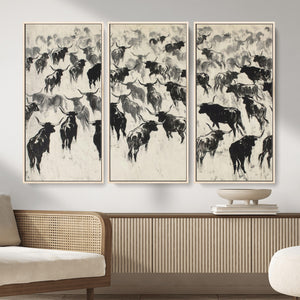 Longhorn Cattle Canvas Wall Art, Black White Stampede Ink