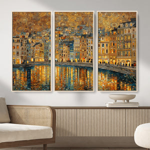 Gustav Klimt Golden Cityscape Wall Art Canvas Print, Framed