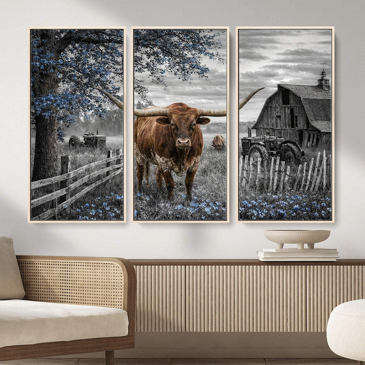 Texas Longhorn Canvas Wall Art, Rustic Farm Barn Bluebonnet