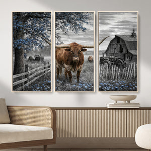 Texas Longhorn Canvas Wall Art, Rustic Farm Barn Bluebonnet
