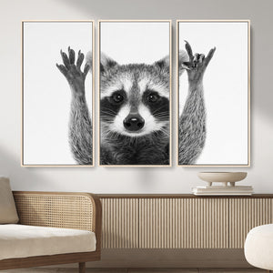 Funny Raccoon Canvas Wall Art, Black White Hands Up Animal Photo Print, Humorous Wildlife Decor, Kids Room Nursery Art, Quirky Animal Gift