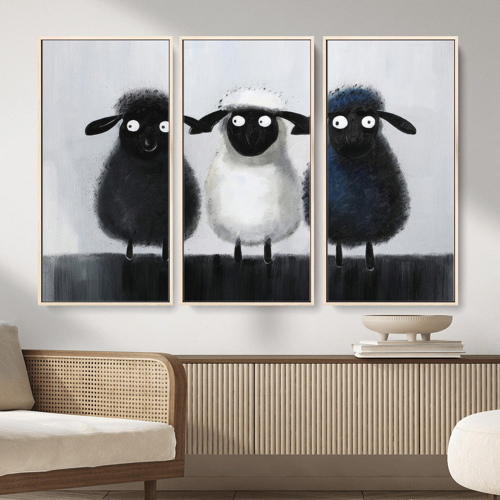 Funny Sheep Canvas Wall Art, Three Quirky Sheep Painting Print, Cute Animal Nursery Decor, Black White Navy Farmhouse Art, Kids Room Gift