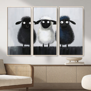 Funny Sheep Canvas Wall Art, Three Quirky Sheep Painting Print, Cute Animal Nursery Decor, Black White Navy Farmhouse Art, Kids Room Gift