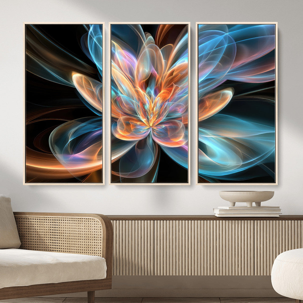Fractal Lotus Canvas Wall Art, Blue Orange Glowing Flower Abstract Print, Modern Zen Meditation Room Decor, Ethereal Digital Art, Living Room