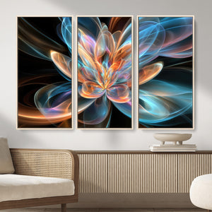 Fractal Lotus Canvas Wall Art, Blue Orange Glowing Flower Abstract Print, Modern Zen Meditation Room Decor, Ethereal Digital Art, Living Room