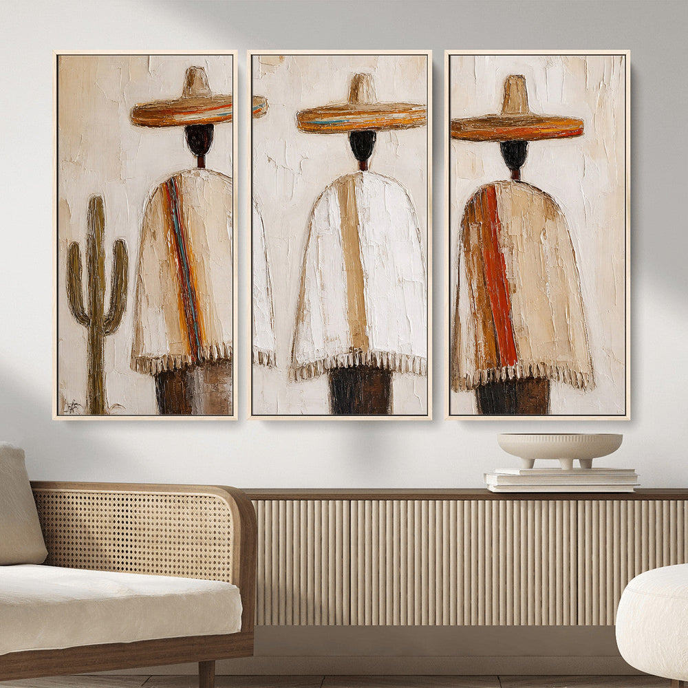 Mexican Wall Art Canvas Print, Southwestern Sombrero Poncho Painting, Neutral Earthy Boho Decor, Fiesta Living Room Art, Impasto Style Print