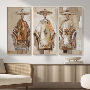 Mexican Folk Art Canvas Wall Art, Charro Poncho Sombrero Painting Print, Neutral Beige Boho Decor, Southwestern Impasto Style, Living Room Art