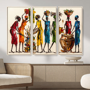 African Folk Art Canvas Wall Art, Colorful African Women Village Painting Print, Tribal Ethnic Home Decor, Vibrant African Art, Living Room
