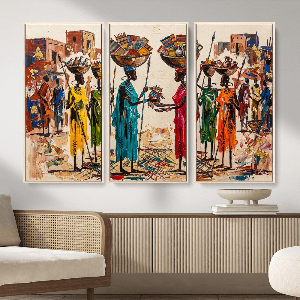 African Folk Art Canvas Wall Art, Colorful African Women Village Painting Print, Tribal Ethnic Home Decor, Vibrant African Art, Living Room