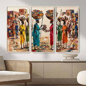 African Folk Art Canvas Wall Art, Colorful African Women Village Painting Print, Tribal Ethnic Home Decor, Vibrant African Art, Living Room