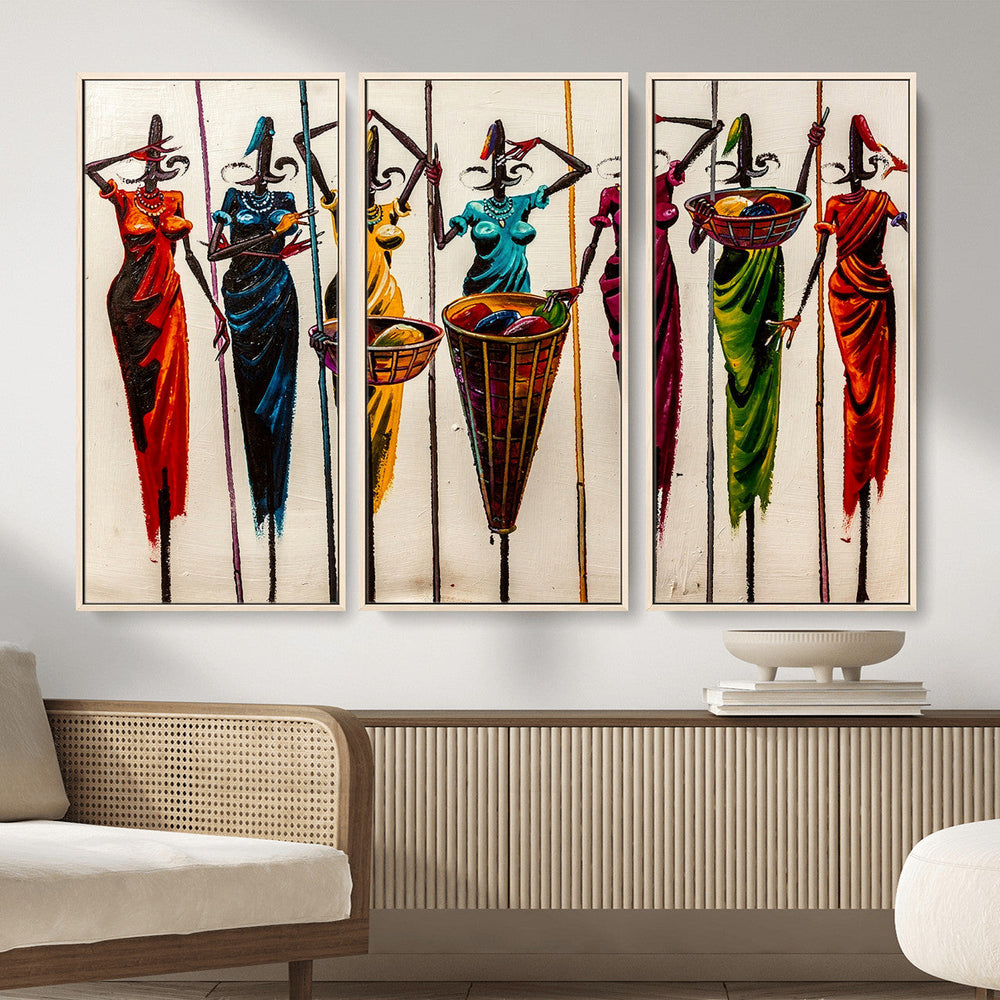African Folk Art Canvas Wall Art, Colorful African Women Village Painting Print, Tribal Ethnic Home Decor, Vibrant African Art, Living Room