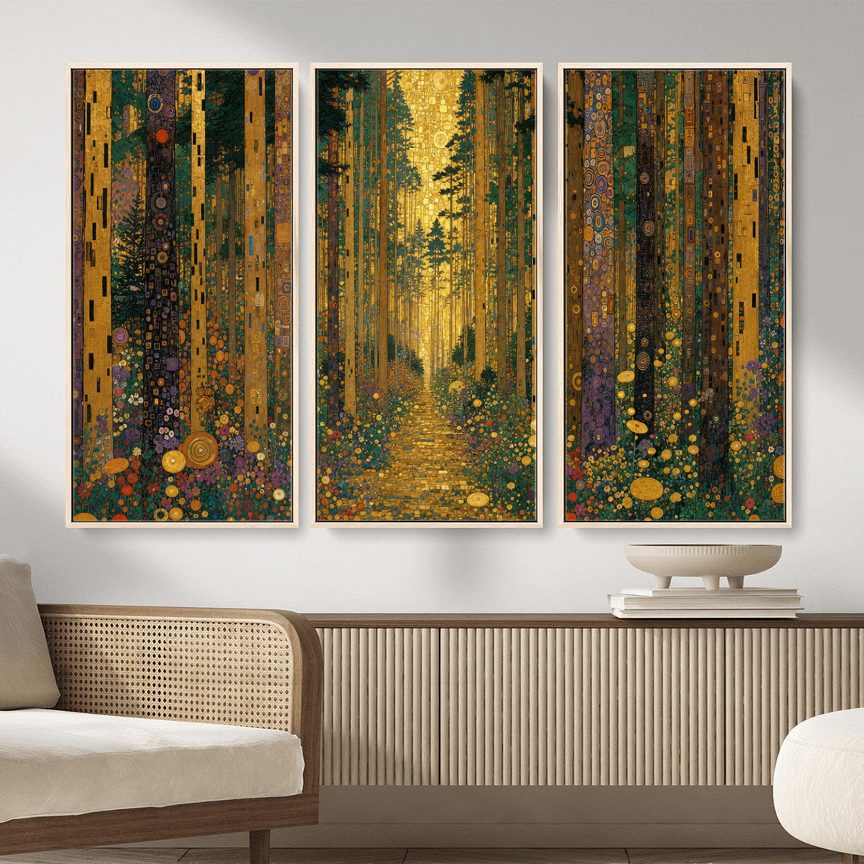 Gustav Klimt Style Forest Canvas Wall Art, Golden Forest Path Floral Art Nouveau Print, Enchanted Woodland Decor