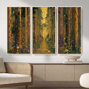 Gustav Klimt Style Forest Canvas Wall Art, Golden Forest Path Floral Art Nouveau Print, Enchanted Woodland Decor