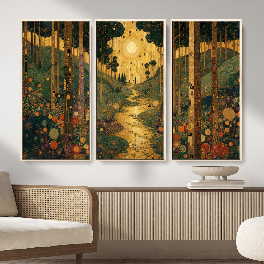 Gustav Klimt Style Forest Canvas Wall Art, Golden Forest Path Floral Art Nouveau Print, Enchanted Woodland Decor