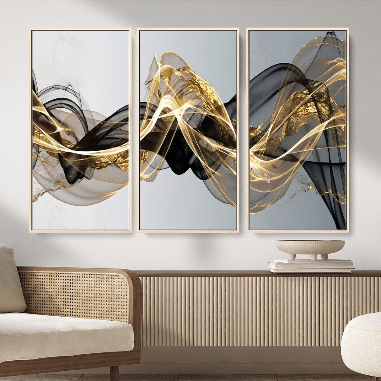 Black and Gold Abstract Wall Art, Modern Wave Canvas Print, Elegant Flowing Smoke Art, Luxury Living Room Decor