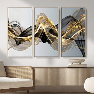 Black and Gold Abstract Wall Art, Modern Wave Canvas Print, Elegant Flowing Smoke Art, Luxury Living Room Decor