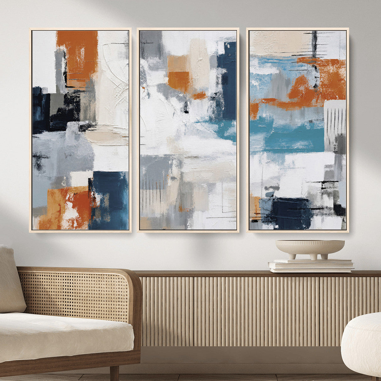 Blue Teal Abstract Canvas Wall Art, Modern Textured Painting Print, Navy Orange White Contemporary Art, Neutral Living Room Decor, Office Art